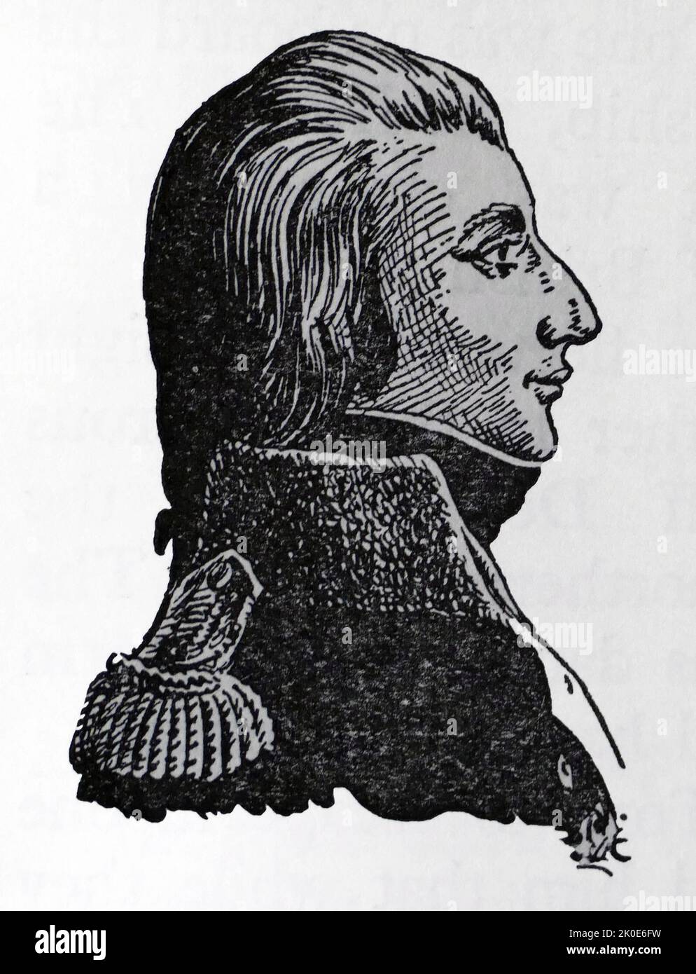Theobald Wolfe Tone, posthum bekannt als Wolfe Tone (20. Juni 1763 - 19. November 1798), war eine führende irische revolutionäre Figur und eines der Gründungsmitglieder der Vereinigten Iren, einer republikanischen Gesellschaft, die sich gegen die britische Herrschaft in Irland auflehnte, Wo er ein Führer war, der 1798 in die irische Rebellion ging. Stockfoto