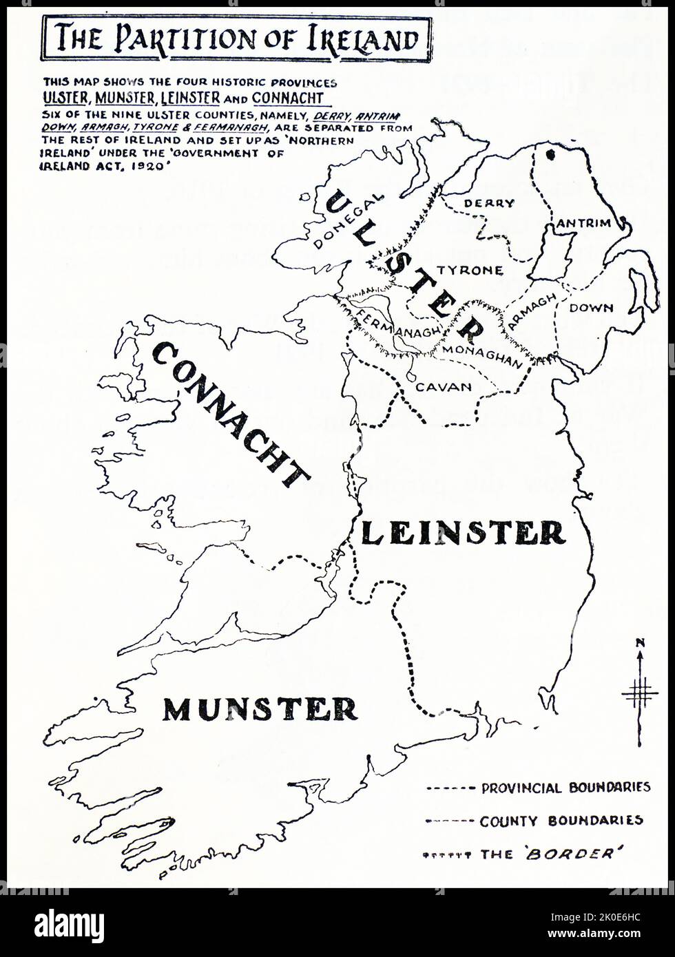 Karte zeigt die Teilung Irlands, die dazu führte, dass Irland in zwei selbstregierende politische Länder aufgeteilt wurde: Nordirland und Südiland. Sie wurde am 3. Mai 1921 gemäß dem Government of Ireland Act 1920 erlassen. Stockfoto