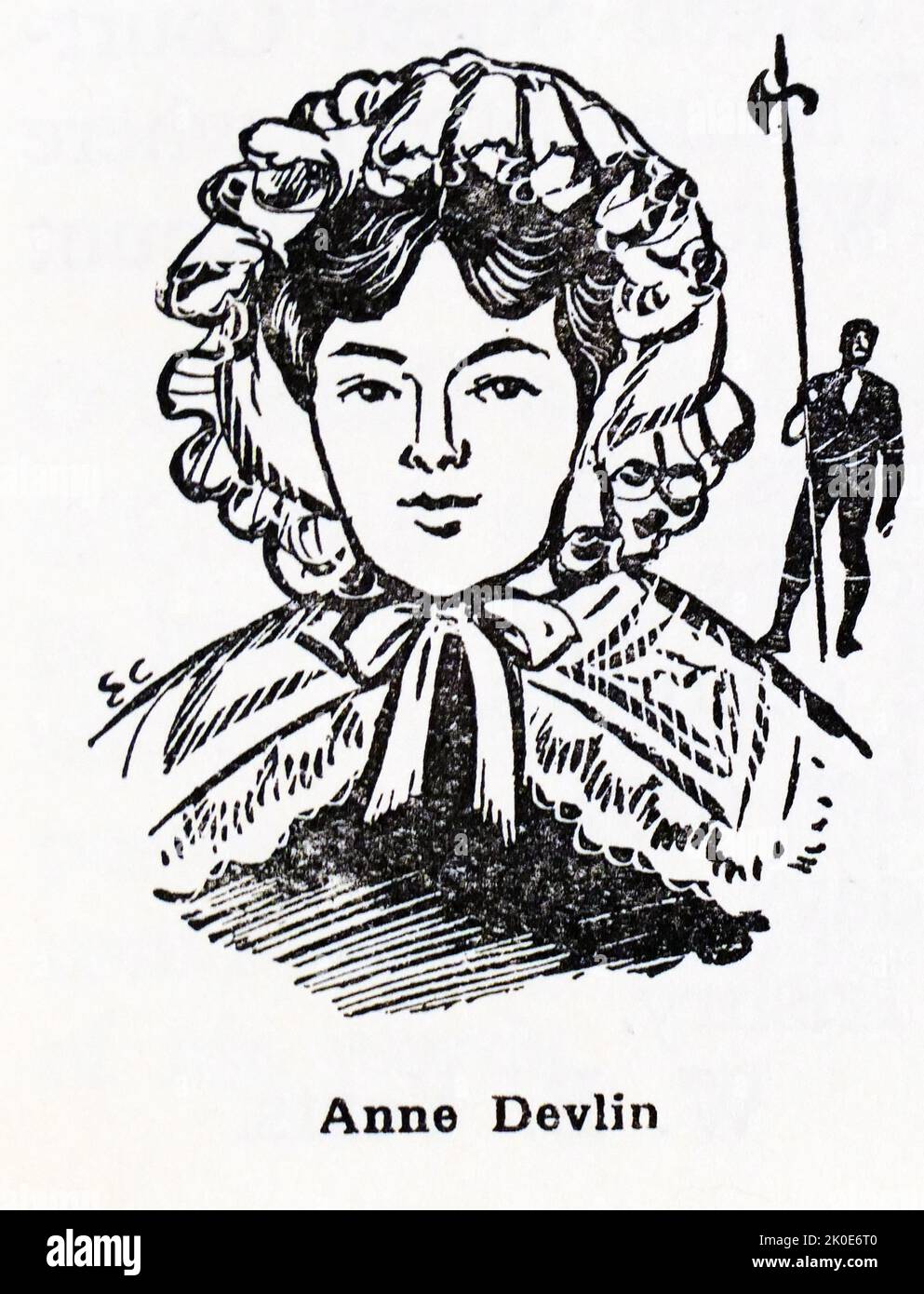 Anne Devlin (1780. - 1. September 1851) war eine irische Republikanerin, die für ihre Verstrickung mit den Vereinigten Iren berühmt war und unter schrecklichen Bedingungen und Folter durch die britischen Behörden inhaftiert wurde. Sie agierte in der nominalen unbezahlten Rolle der Haushälterin, war aber wirklich eine Mitverschwörerin von Robert Emmet und war auch eine Cousine von zwei führenden irischen Rebellen, Michael Dwyer und Arthur Devlin. Stockfoto