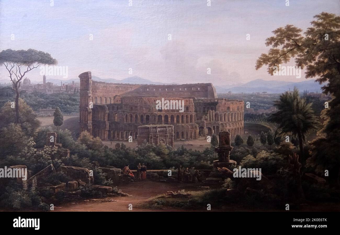 Blick auf das Kolosseum vom Palatin Rom, 1816, Öl auf Leinwand, von Fedor Mikhailovich Matveev. Die Tretjakow-Galerie, Moskau, Russland. Fjodor Michajlowitsch Matwejew (1758-1826) war ein russischer klassizistischer Landschaftsmaler, der vor allem für seine italienischen Landschaften bekannt war. Stockfoto