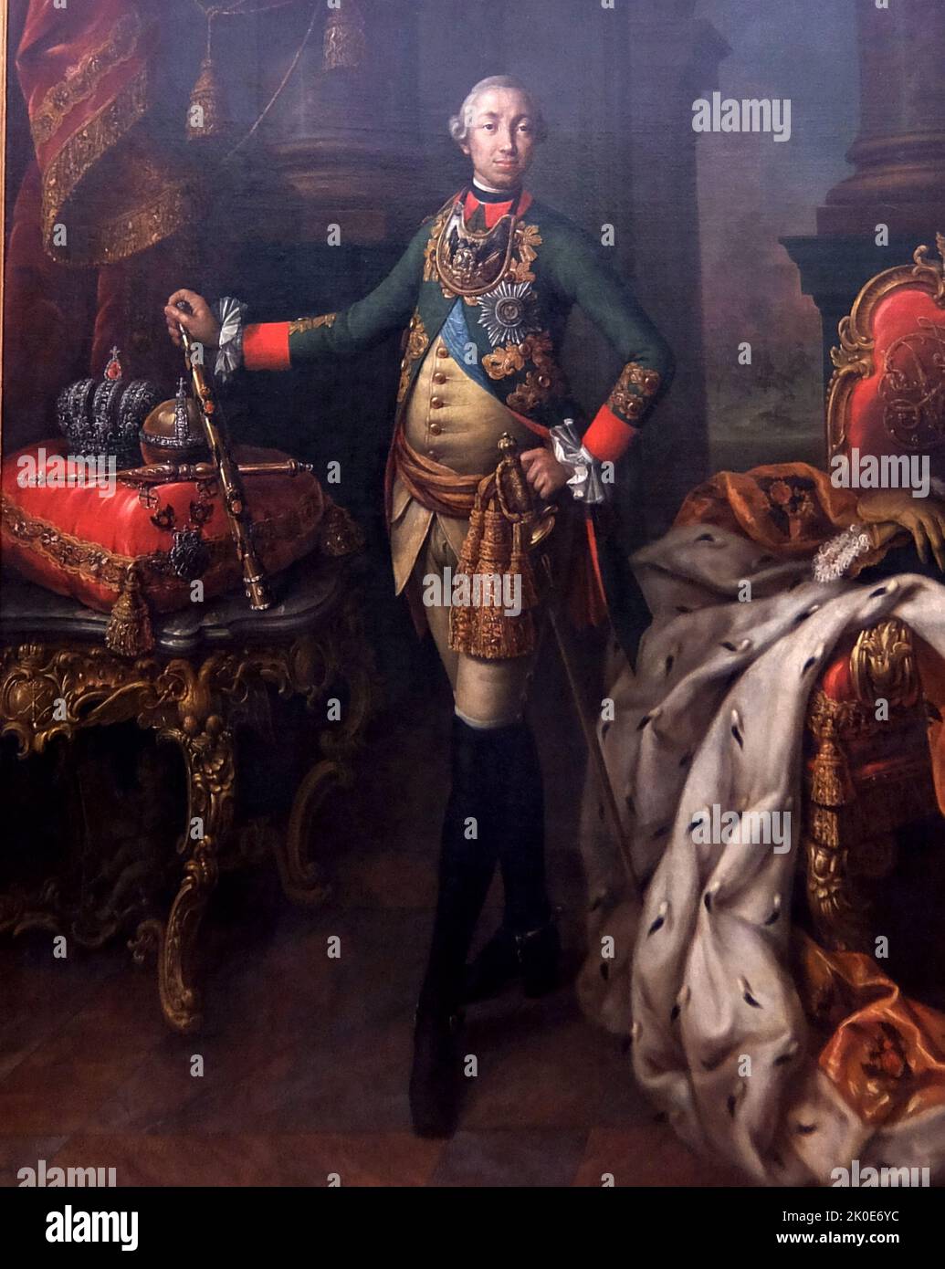 Porträt von Peter III., 1762 von Aleksey Antropov (1716-1795). Peter III (1728 - 1762) Kaiser von Russland für sechs Monate im Jahr 1762. Er wurde in Kiel als Charles Peter Ulrich aus Schleswig-Holstein-Gottorp geboren. Stockfoto