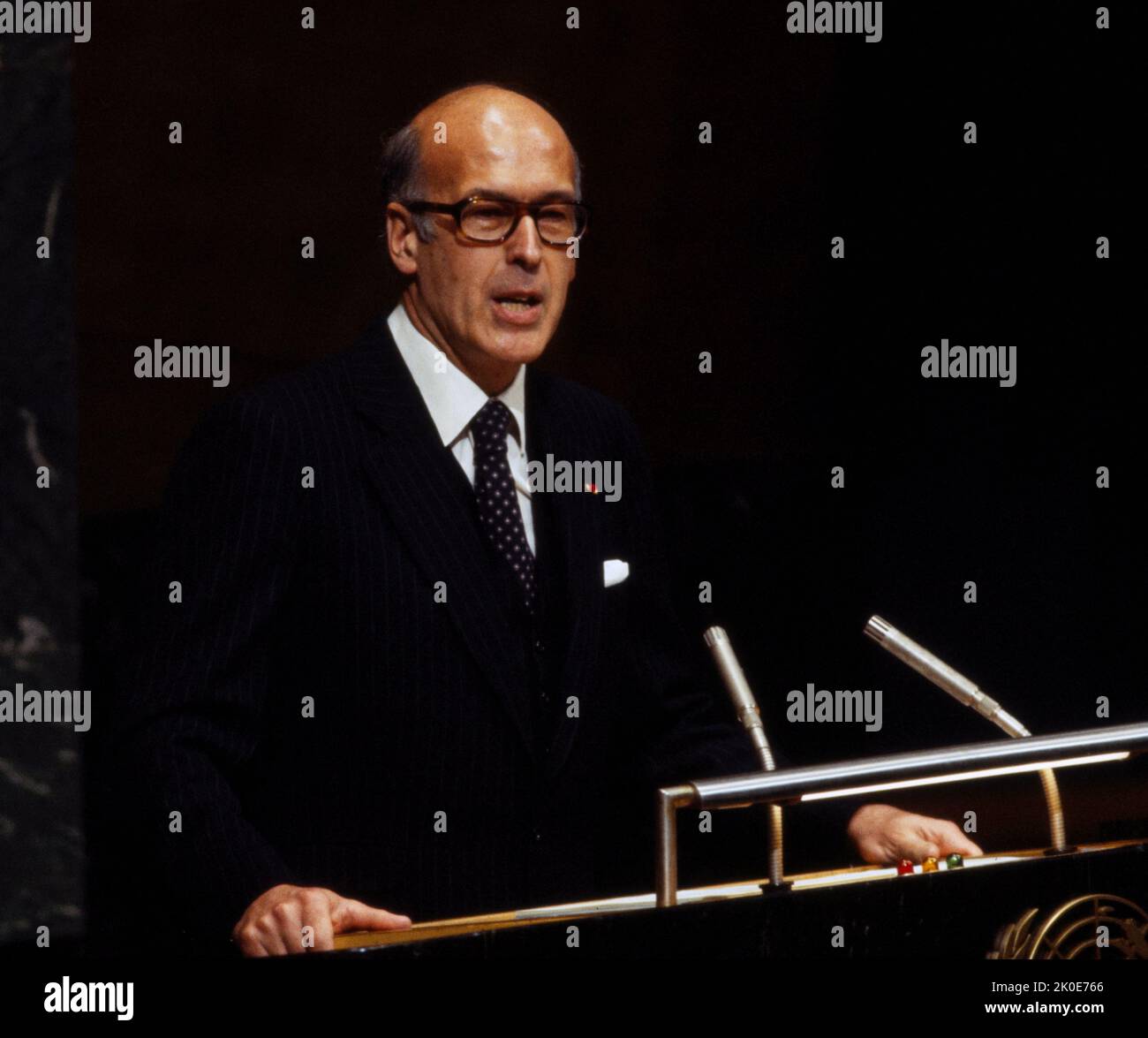 Valery Giscard d'Estaing (1926 - 2020), französischer Politiker, der von 1974 bis 1981 als Präsident Frankreichs fungierte, sprach 1978 vor den Vereinten Nationen. Stockfoto