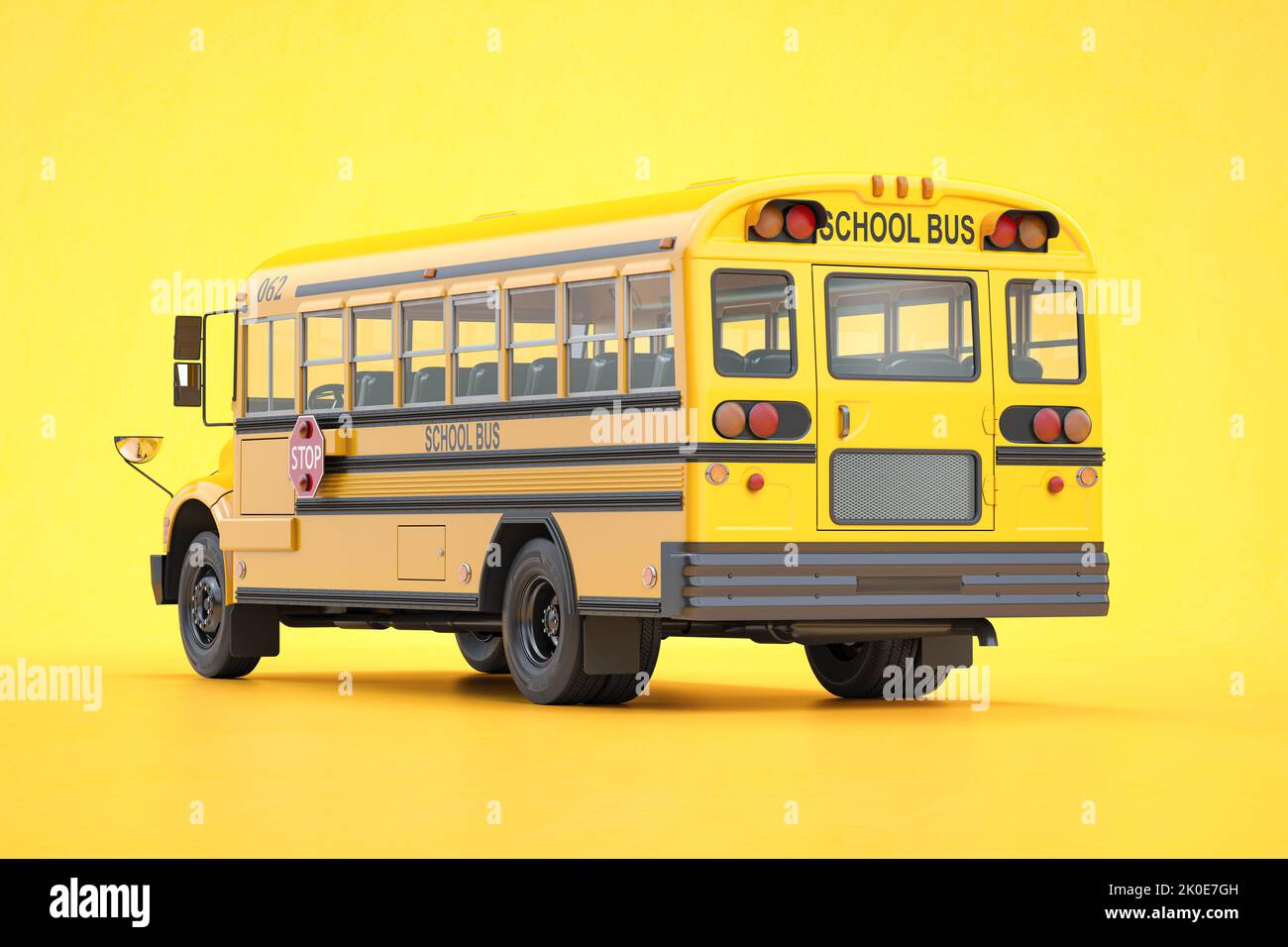 Schulbus auf gelbem Hintergrund. 3D Abbildung Stockfoto