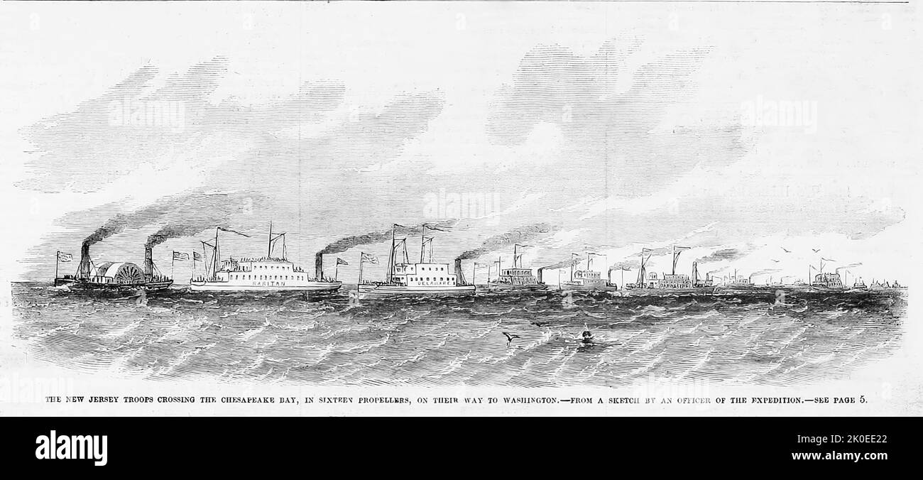 Die New Jersey-Truppen überquerten die Bucht von Pechake in sechzehn Propellern auf ihrem Weg nach Washington, Mai 1861. Illustration des amerikanischen Bürgerkriegs des 19.. Jahrhunderts aus Frank Leslie's Illustrated Newspaper Stockfoto