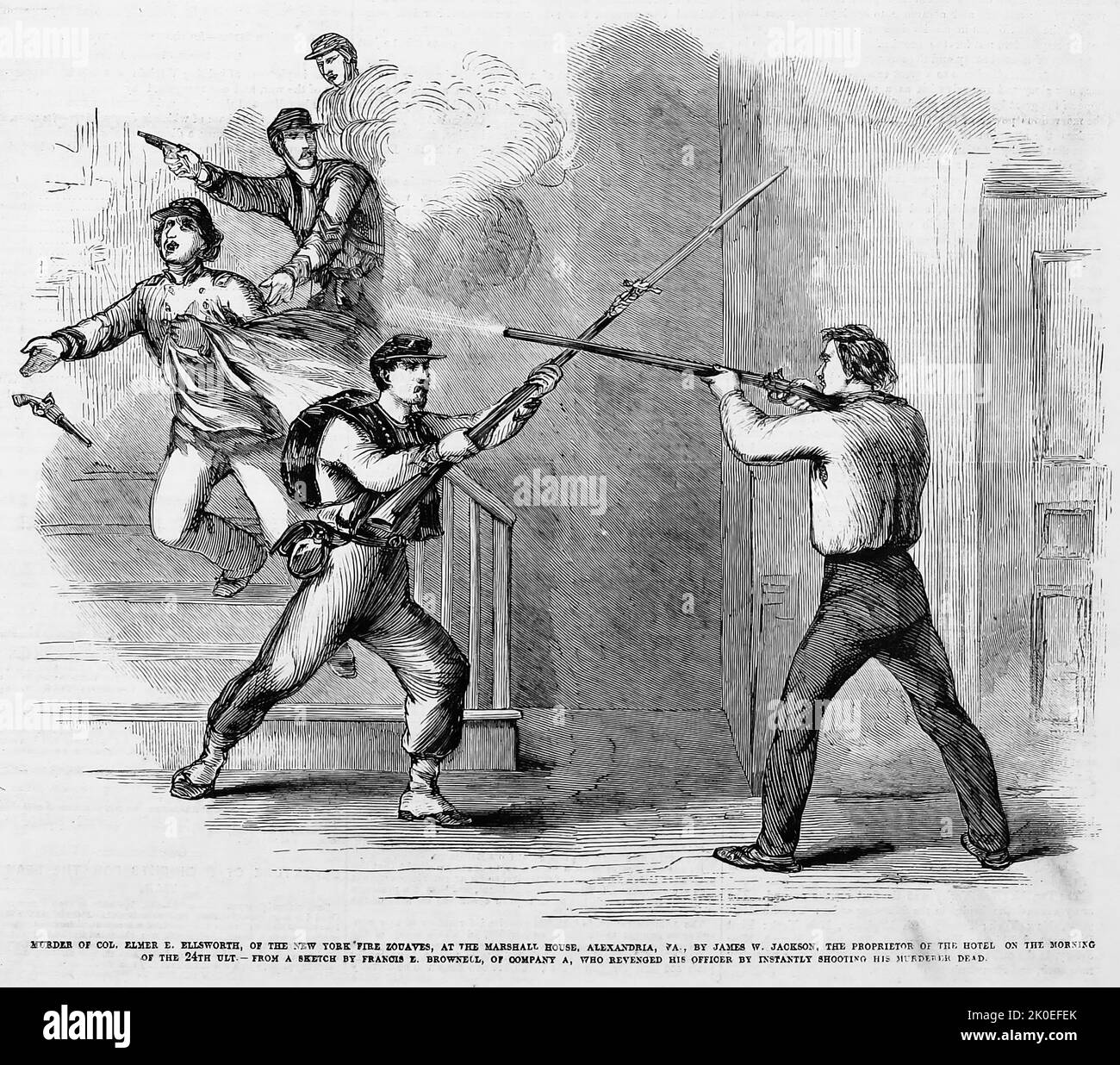 Mord an Oberst Elmer Ephraim Ellsworth an den New York Fire Zouaves im Marshall House, Alexandria, Virginia, von James W. Jackson, dem Hotelbesitzer, am Morgen des 24.. Mai 1861. Illustration des amerikanischen Bürgerkriegs des 19.. Jahrhunderts aus Frank Leslie's Illustrated Newspaper Stockfoto