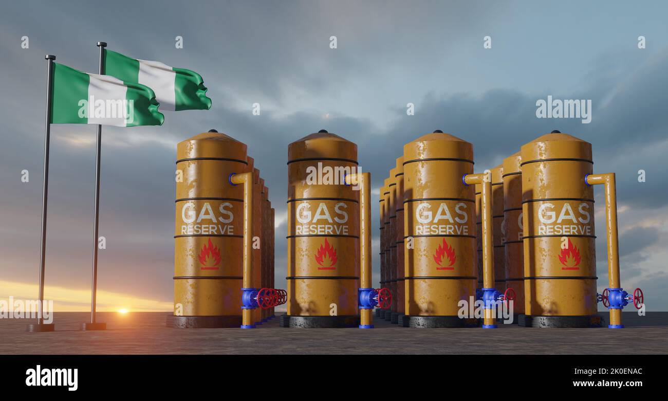 Nigeria Gasreserve, Nigeria Gasspeicherreservoir, Erdgas-Tank Nigeria mit Flagge Nigeria, Sanktion auf Gas, 3D Arbeit und 3D Bild Stockfoto