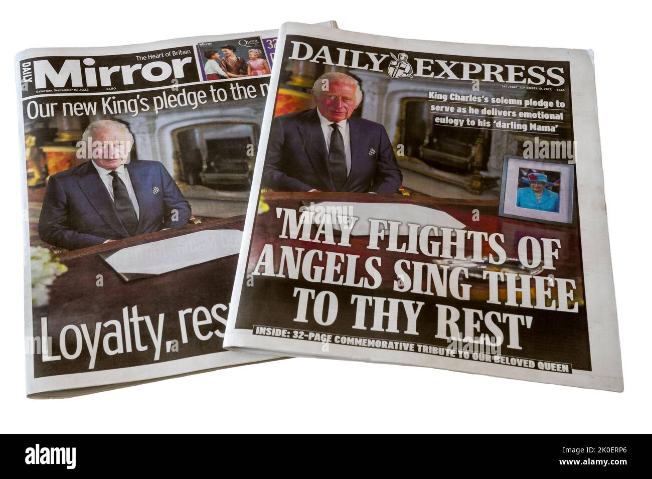 10. September 2022. Daily Mirror & Daily Express aus entgegengesetzten Enden des politischen Spektrums haben ähnliche Titelseiten für den Beitritt von König Charles III. Stockfoto