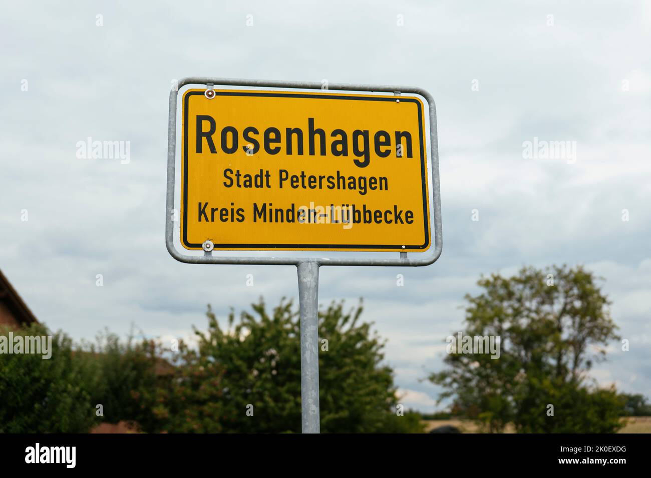 Stadtschild Rosenhagen, ein Viertel in Petershagen, Minden-Lübbecke, Nordrhein-Westfalen, Deutschland Stockfoto