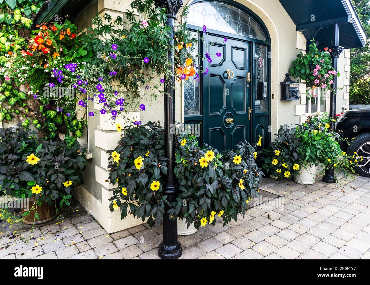 Die Blumenpracht vor Keenans, Pub und Restaurant in Tarmonbarry, County Roscommon, Irland. Stockfoto