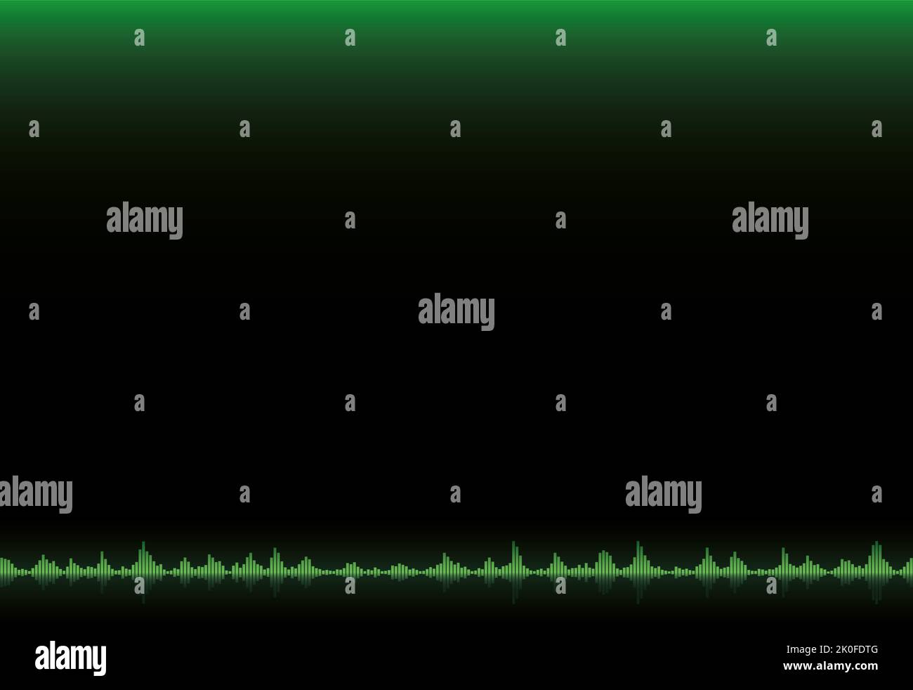 Equalizer-Balken, grüne Schallwellenamplitude, Lautstärkewelle, Tonfrequenzskala auf grünem und schwarzem Gradientenhintergrund. Stockfoto