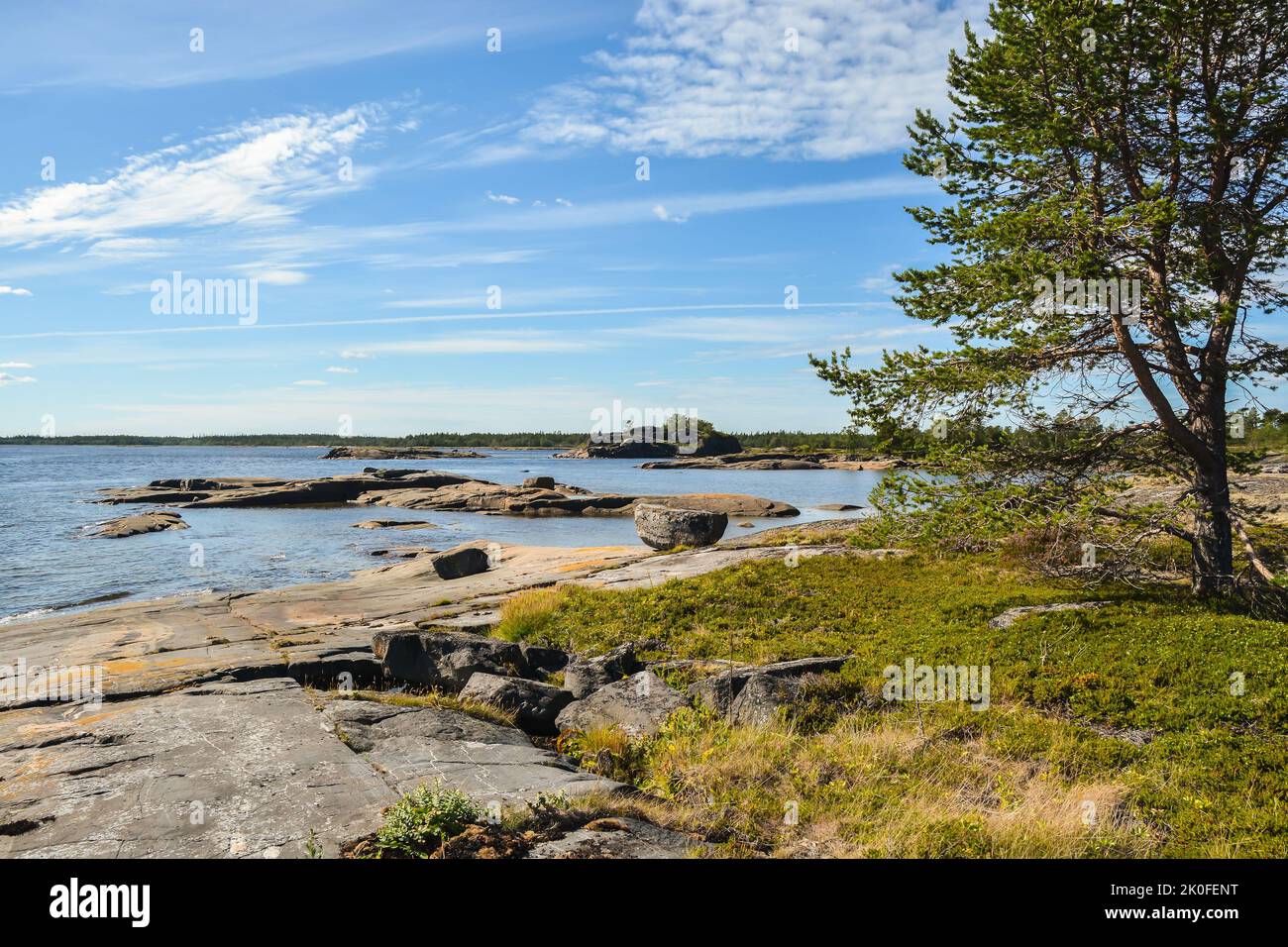 Das felsige Ufer des Weißen Meeres. Die Sommerseekape in der Karelischen Republik im Norden des europäischen Teils Russlands. Stockfoto