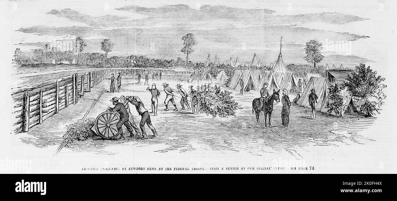 Aufrichten von Lagerbestattungen in Newport News, Virginia, durch die Bundestruppen, Juni 1861. Illustration des amerikanischen Bürgerkriegs des 19.. Jahrhunderts aus Frank Leslie's Illustrated Newspaper Stockfoto