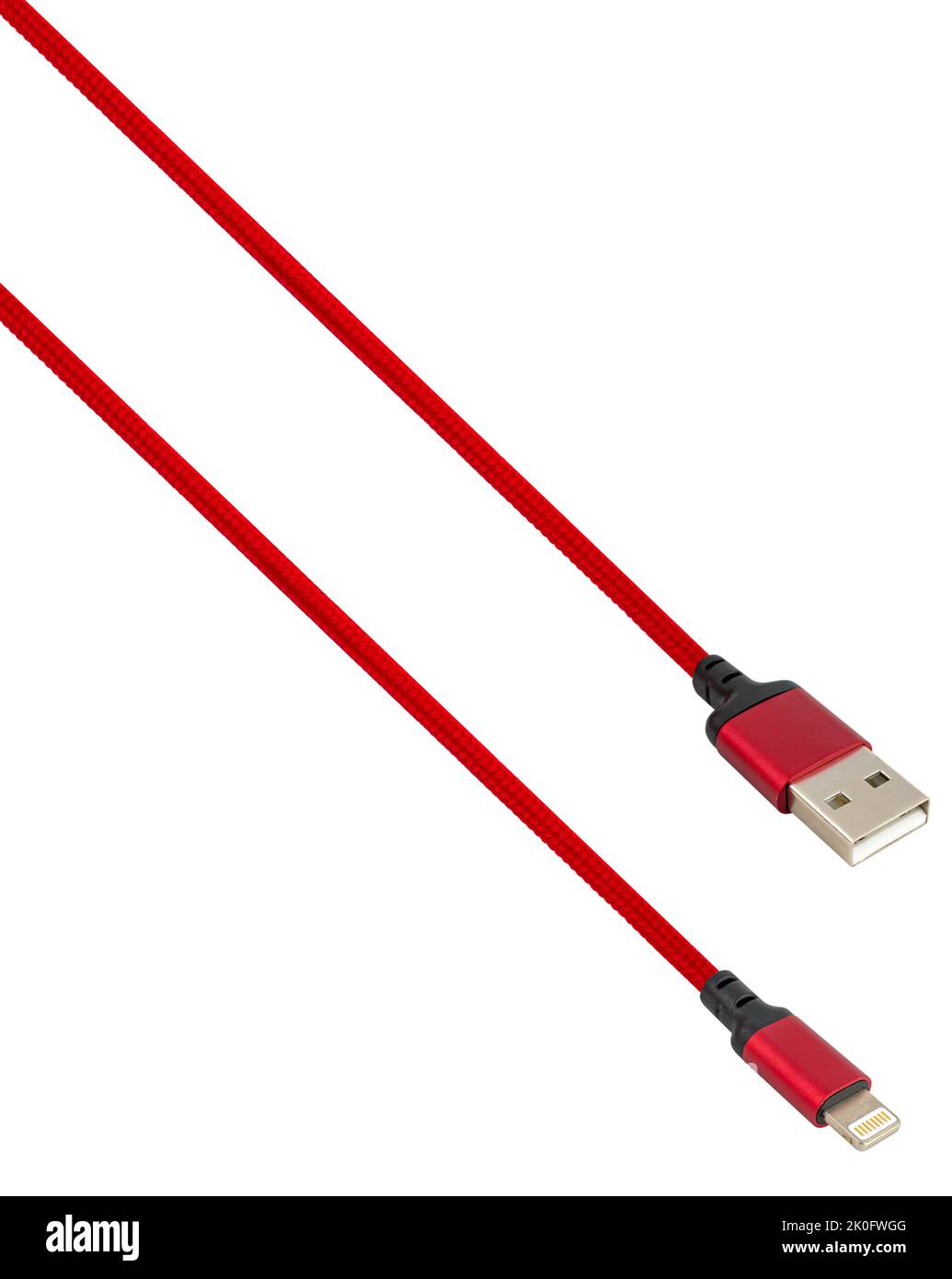 Kabel mit USB- und Lightning-Anschluss, isoliert auf weißem Hintergrund Stockfoto