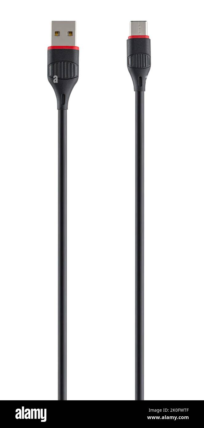 Kabel mit USB- und Micro-USB-Anschluss, isoliert auf weißem Hintergrund Stockfoto