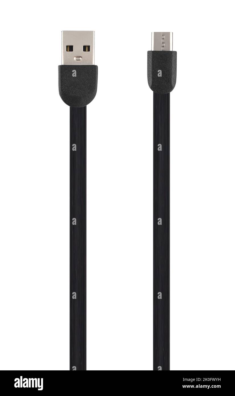 Kabel mit USB- und Micro-USB-Anschluss, isoliert auf weißem Hintergrund Stockfoto