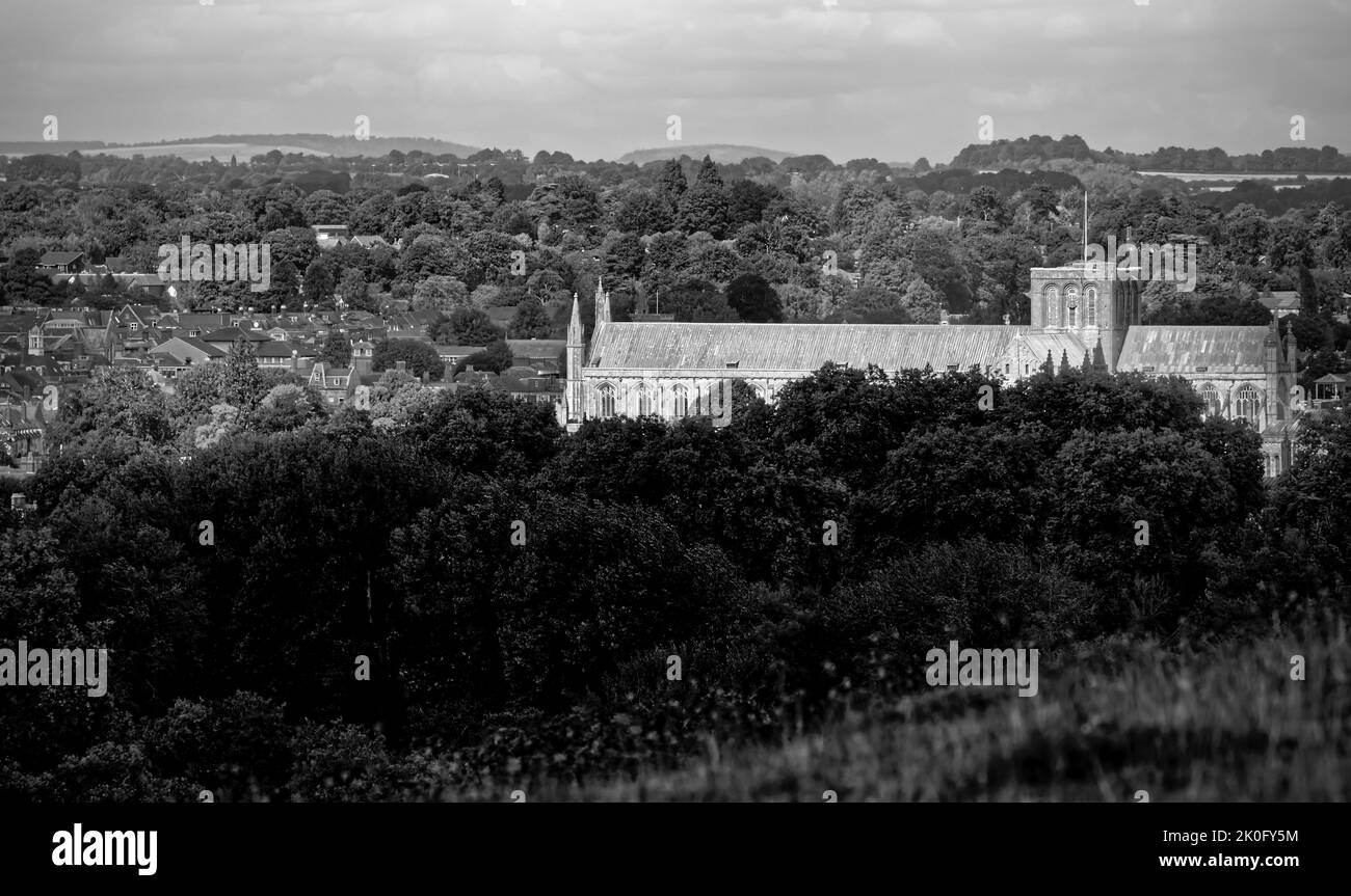 Winchester Cathedral dominiert die Skyline der Stadt vom St. Catherine's Hill aus Stockfoto