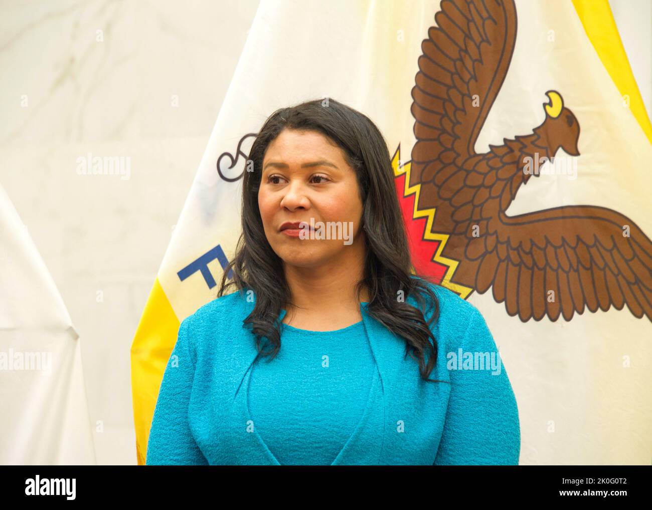 San Francisco, CA - 26. April 2022: San Francisco Mayor London Breed spricht im Kindergarten to College Programm Fortschrittsbericht Pressekonferenz Stockfoto