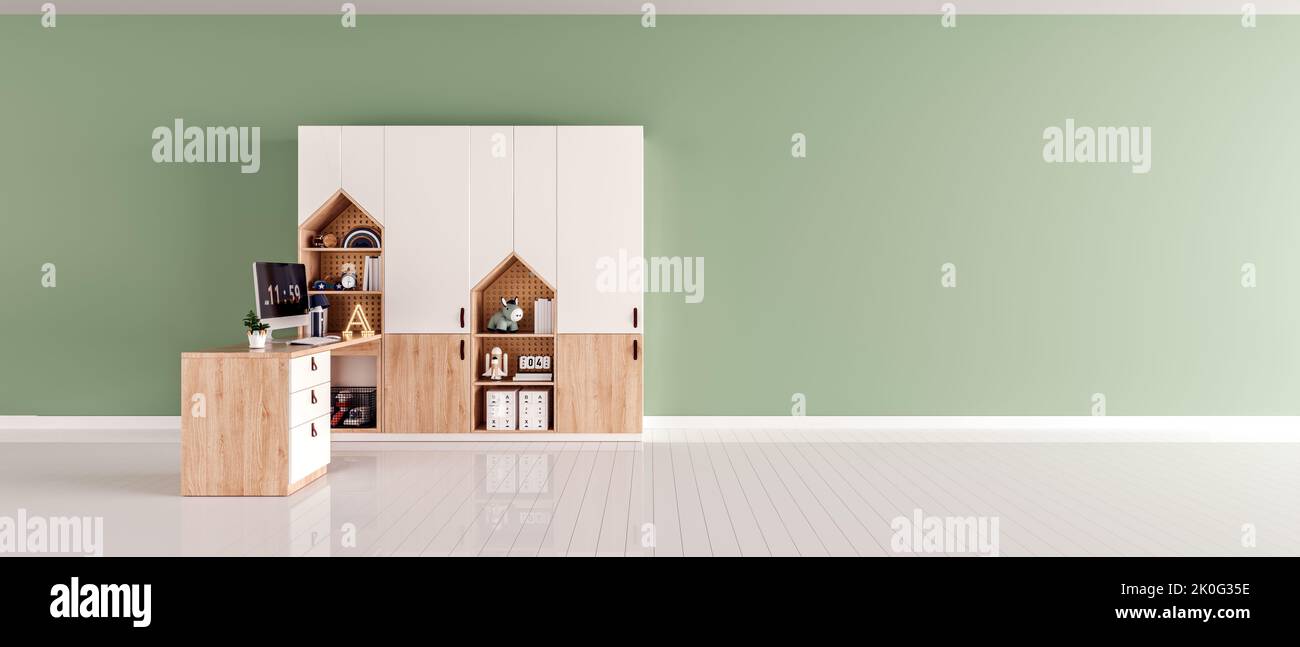 Kinderzimmer-Mock-up mit Kopierplatz auf der rechten Seite, 3D Rendering, 3D Illustration Stockfoto