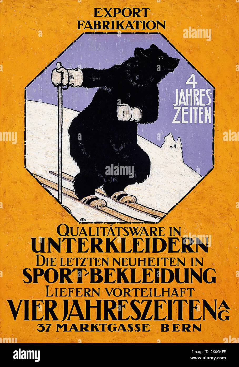 Reiseposter, Burkhard MANGOLD (1873-1950) - Export Fabrikation SPORT-BELKEIDUNG (Sport Fashion), c 1909. Ein Bär auf den Skiern. Stockfoto