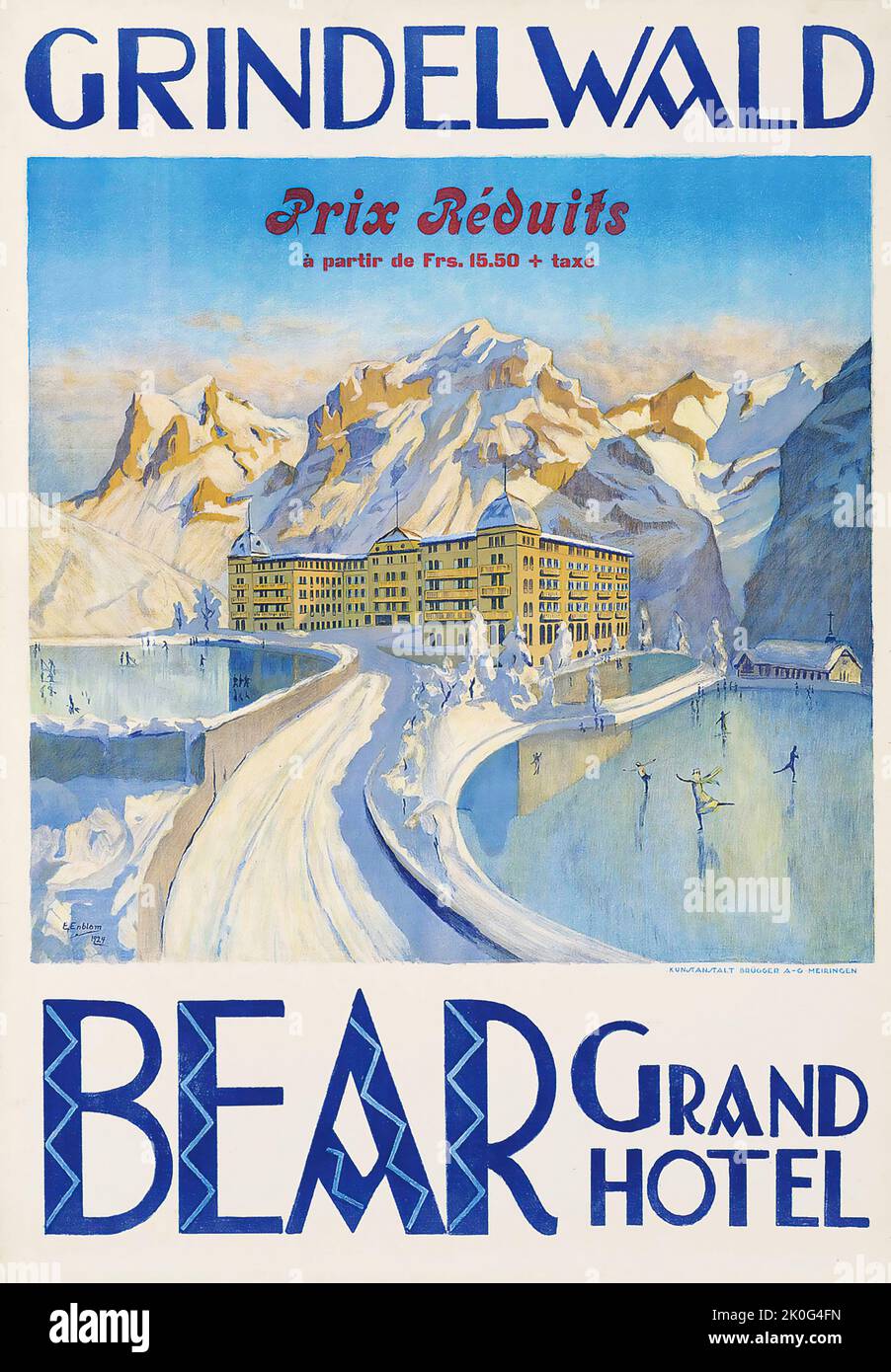 Reiseposter von E. Enblom - GRINDELWALD, BEAR GRAND HOTEL - 1924 - Schweiz, Suisse, Schweiz Stockfoto