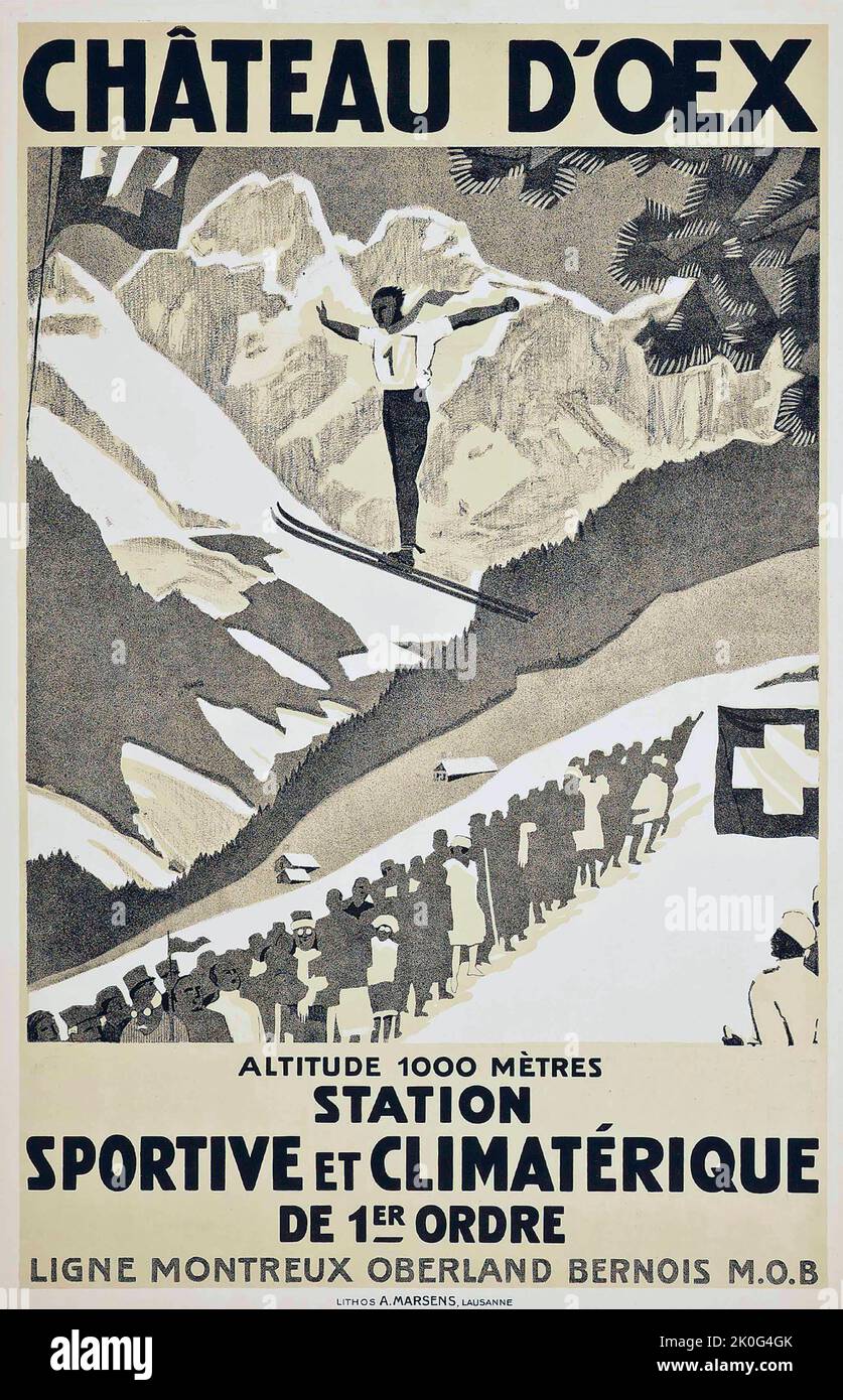 SKISPRUNGSCHANZE - Anonymous artist - Château D'OEX, ca. 1930 Oberland Bernois - Schweiz, Suisse, Schweiz - Reiseposter Stockfoto