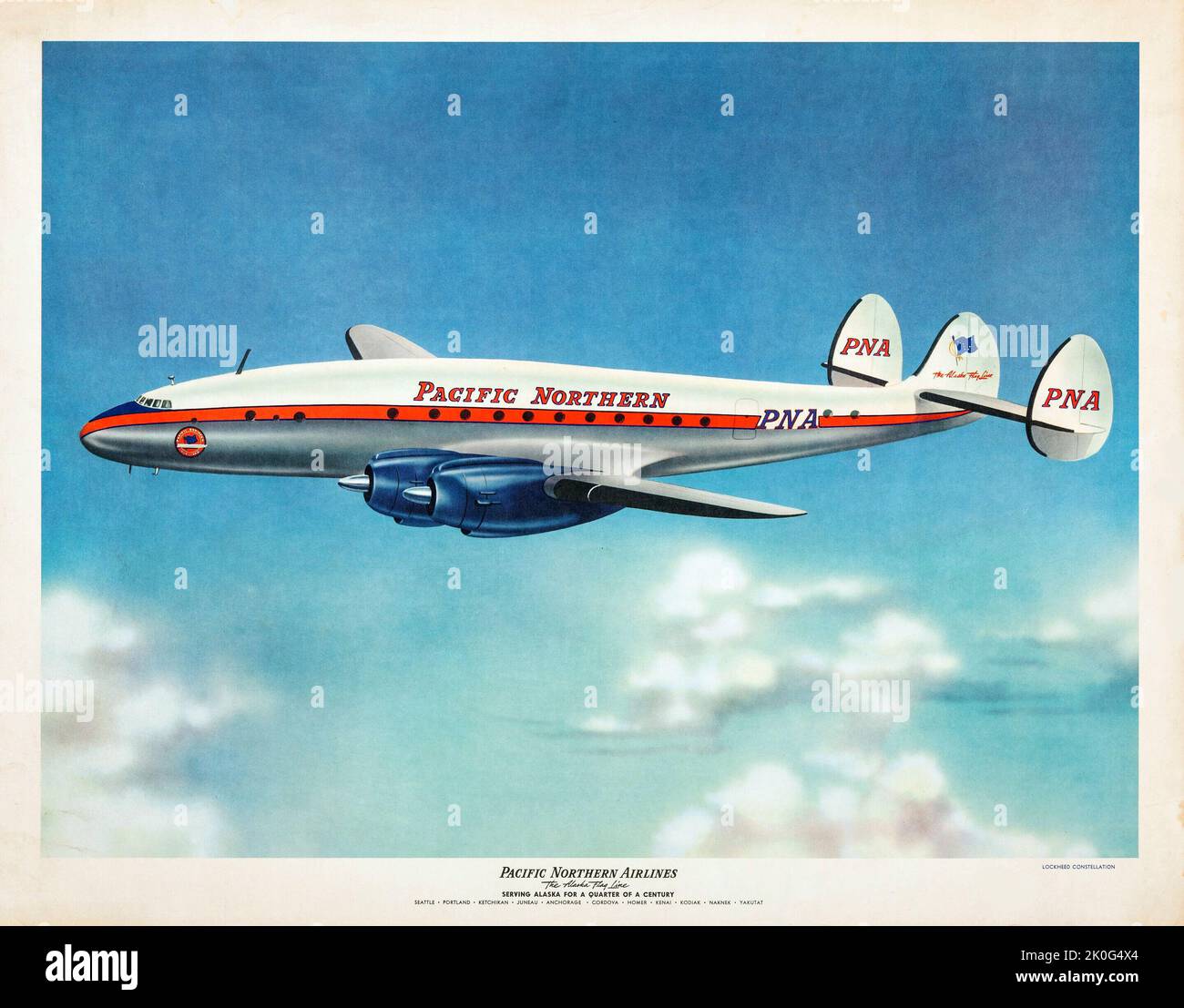 Poster der Fluggesellschaft - Pacific Northern Airlines - The Alaska Flag Line (Pacific Northern Airlines, c 1960s). Reiseposter. Airliner. Stockfoto