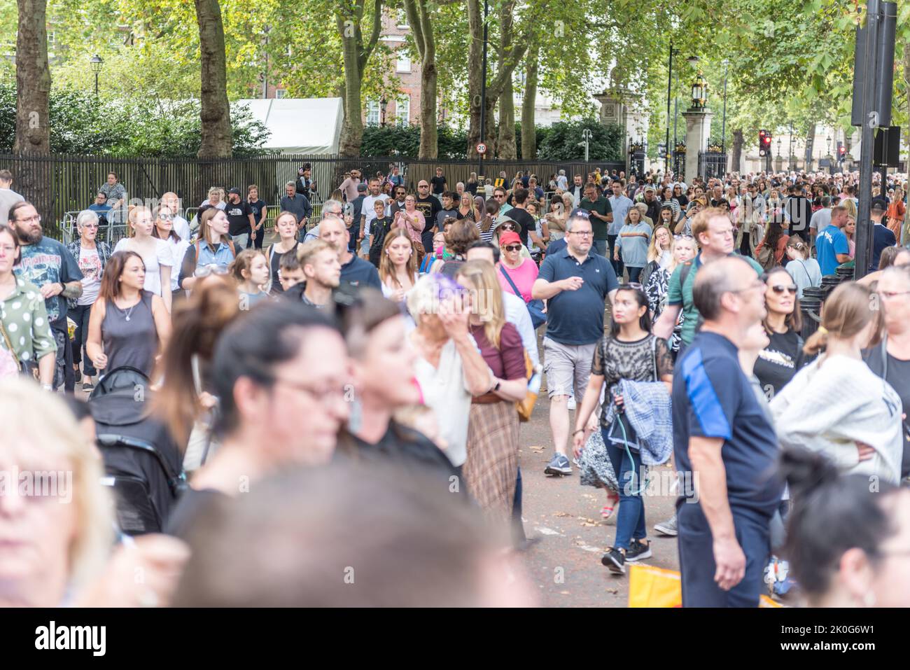 Große Menschenmengen im Londoner Buckingham Palace und in den nahegelegenen Parks Stockfoto