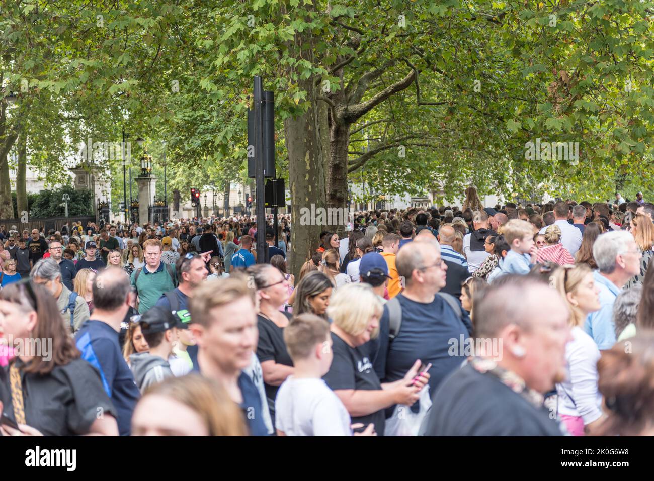 Große Menschenmengen im Londoner Buckingham Palace und in den nahegelegenen Parks Stockfoto