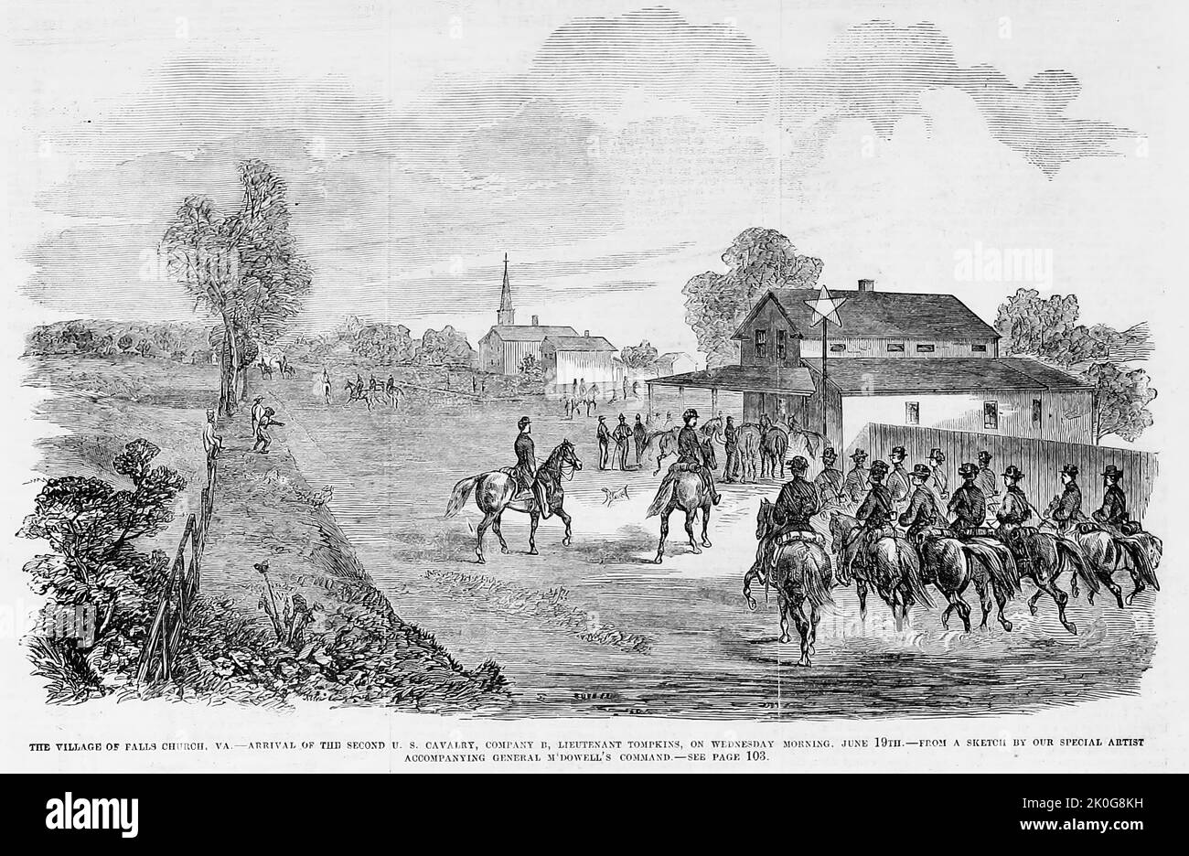 Das Dorf Falls Church, Virginia - Ankunft der zweiten US-Kavallerie, Firma B, Lieutenant Tompkins, 19.. Juni 1861. Illustration des amerikanischen Bürgerkriegs des 19.. Jahrhunderts aus Frank Leslie's Illustrated Newspaper Stockfoto