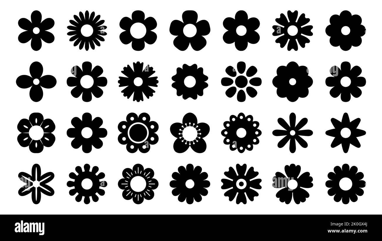 Schwarze Blumensymbole. Geometrische Silhouetten-Symbole aus Kamille und Gänseblümchen, stilisierte florale Dekorationselemente und dunkle Blumenlogos. Vektor einfach Stock Vektor