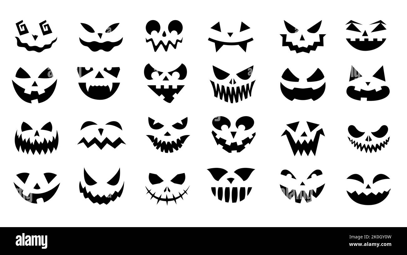 Halloween Gesichter. Gruselige, dudel lächelnde Gesichtsausdrücke mit wütenden Augen für Horrorplakate, böse Geister und Jack Laternengesichter. Vektor-isolierter Satz Stock Vektor