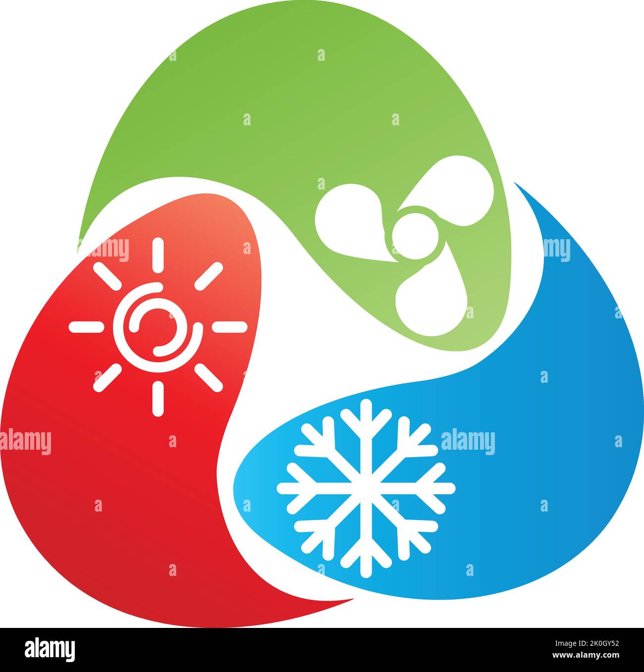 Drei Tropfen mit Sonne, Schneeflocke und Ventilator, Klimaanlage Logo Stock Vektor