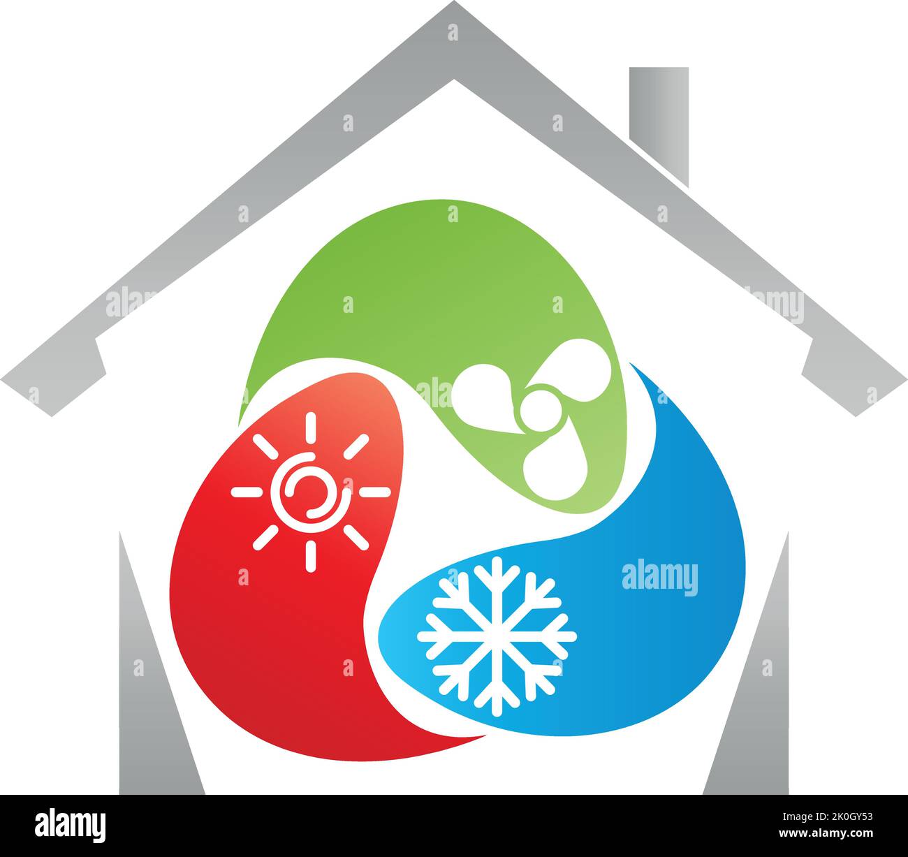 Drei Tropfen mit Sonne, Schneeflocke und Ventilator, Klimaanlage Logo Stock Vektor