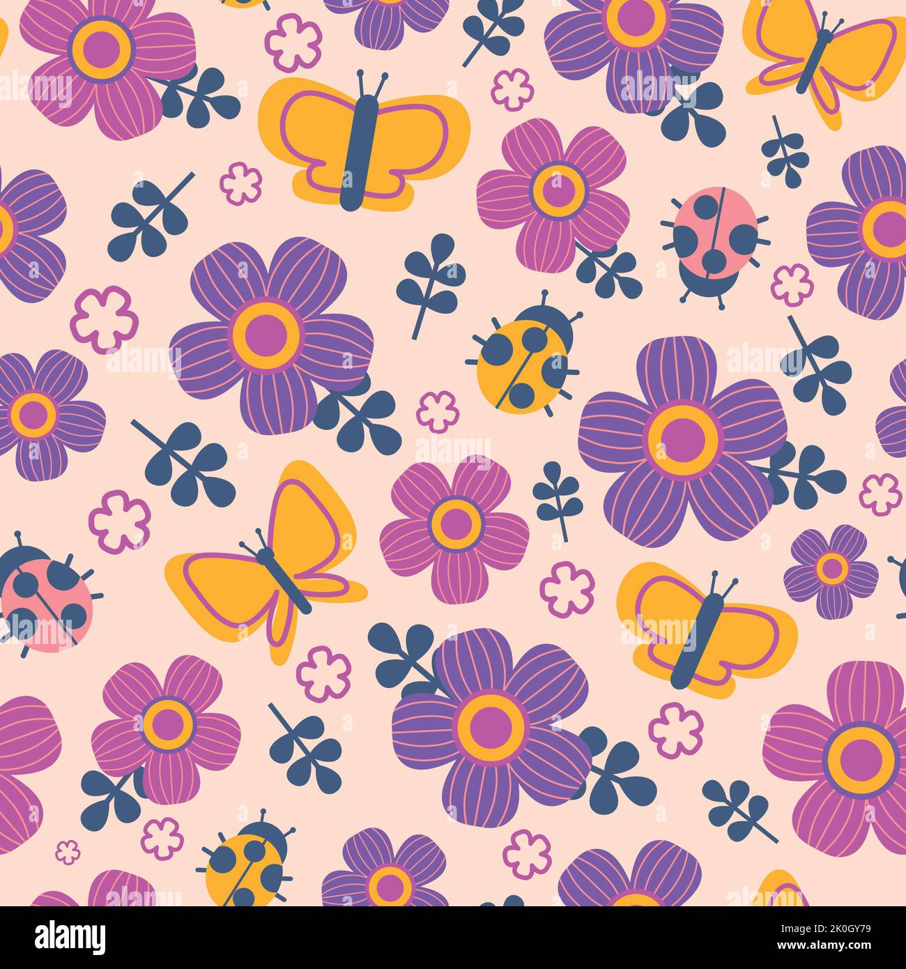 Blumen und Schmetterlinge Muster. Nahtloser Druck von niedlichen Cartoon bunte einfache Elemente, Sommergarten Blumen, Käfer und Schmetterlinge Kinder Stock Vektor