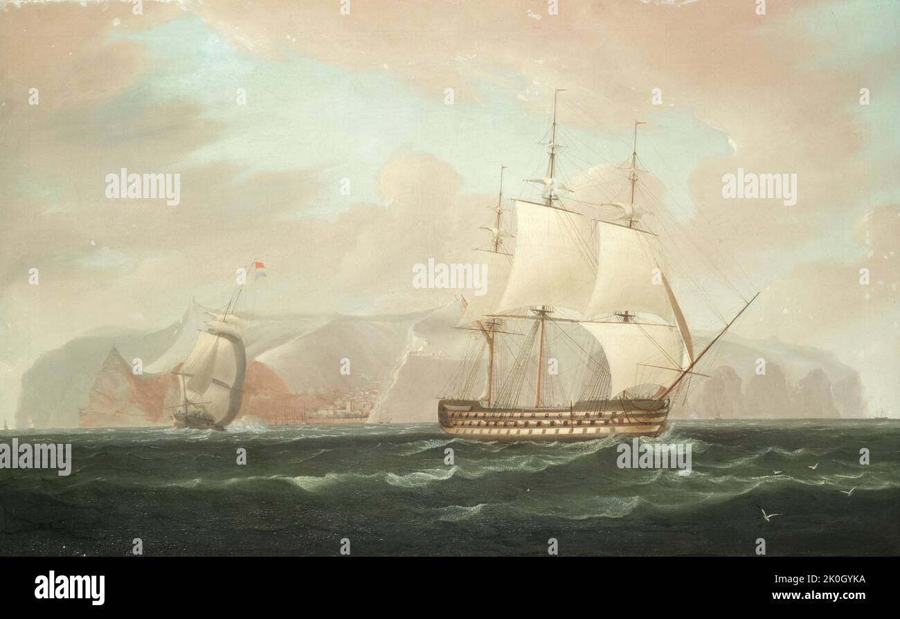 Ein dreideckiges Linienschiff, das von Jamestown, St. Helena, abträgt