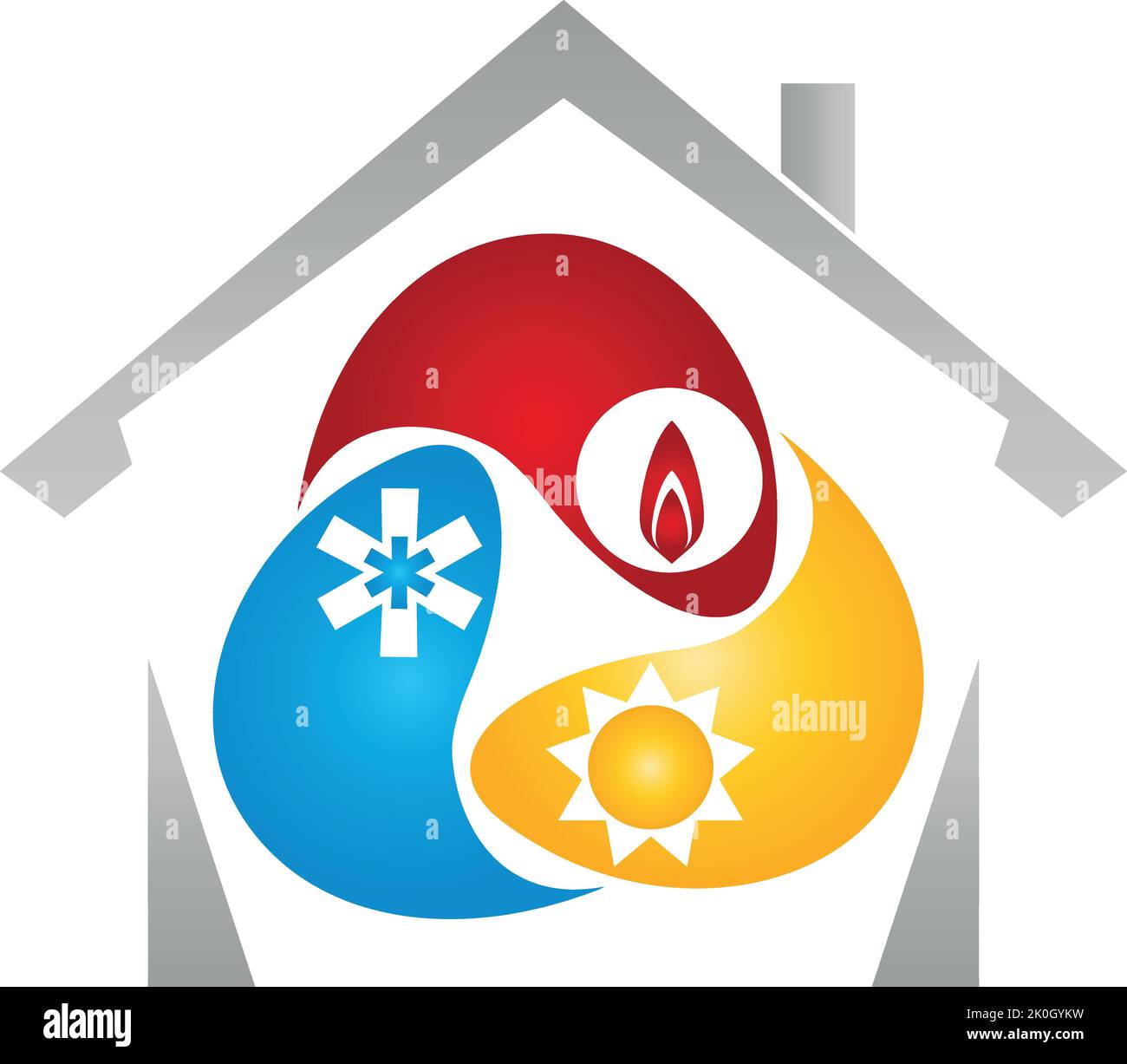 Drei Tropfen mit Sonne, Schneeflocke und Flamme, Klempner, Installateure, Logo Stock Vektor