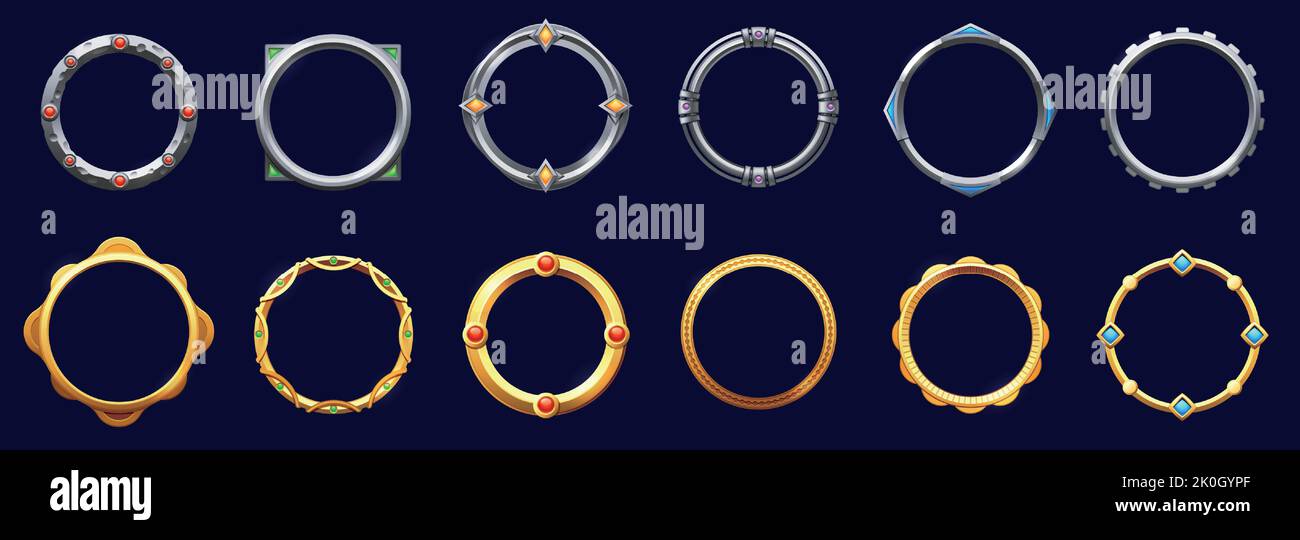 Spiel Kreis Metallrahmen. Runde strukturierte Avatar-Ränder, Cartoon leere metallische Spiel Asset-Symbole für mobile Benutzeroberfläche Design. Vector Sprite UI Stock Vektor