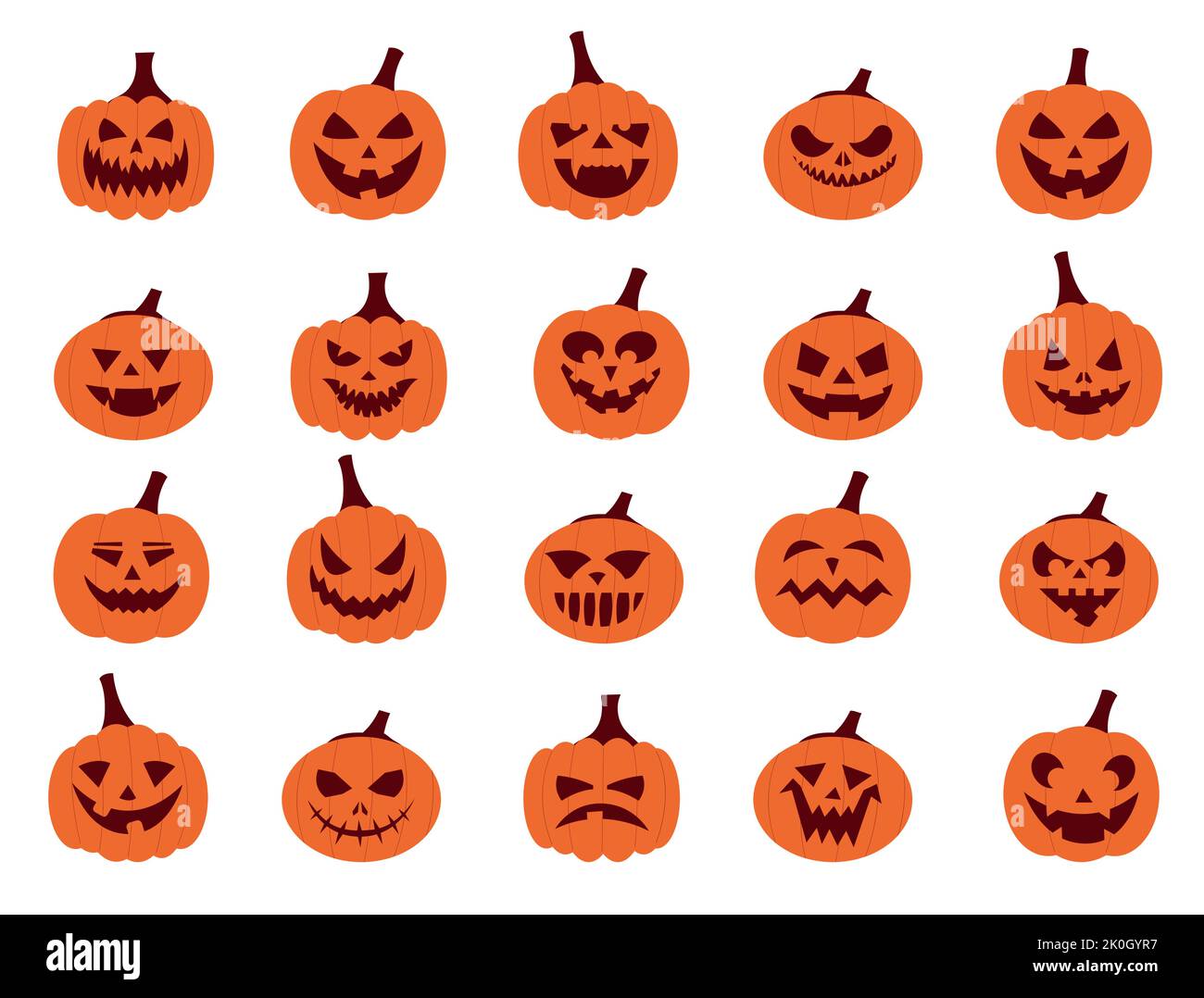 Kürbisgesichter. Cartoon Halloween Jack Figuren mit gruseligen wütenden Gesichtern, Gemüseschnitzereien für Horror Party Poster. Vector Halloween-Set Stock Vektor