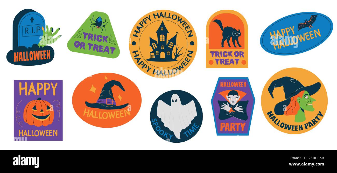 Halloween-Embleme. Cartoon-Etiketten mit traditionellen Horror-Symbolen und -Figuren, gruselige gruselige Aufkleber für Einladung Grußkarte Poster Logo Stock Vektor