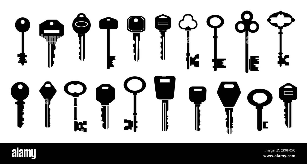Tasten Silhouetten. Schwarze Formen der modernen und Vintage-Schlüsselkollektion mit verschiedenen Kopfgrößen und -Formen. Vector Real Estate Logo und Sicherheitssymbole Stock Vektor