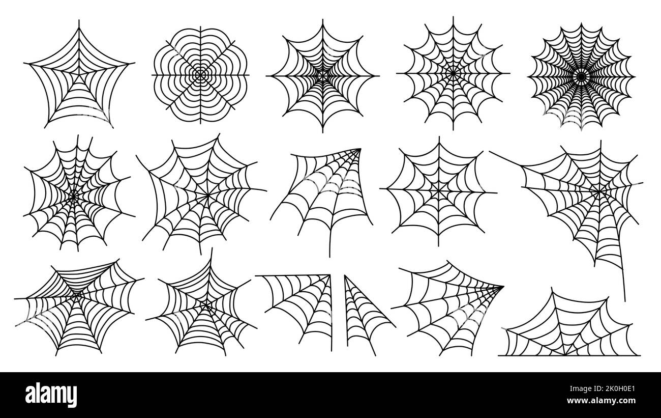 Spinnennetz. Halloween Spinnennetz Silhouetten Linie Skizze Stil, unheimlich einfach verworren Netz Rahmen und Ecke für die Dekoration. Vektor-isolierter Satz Stock Vektor