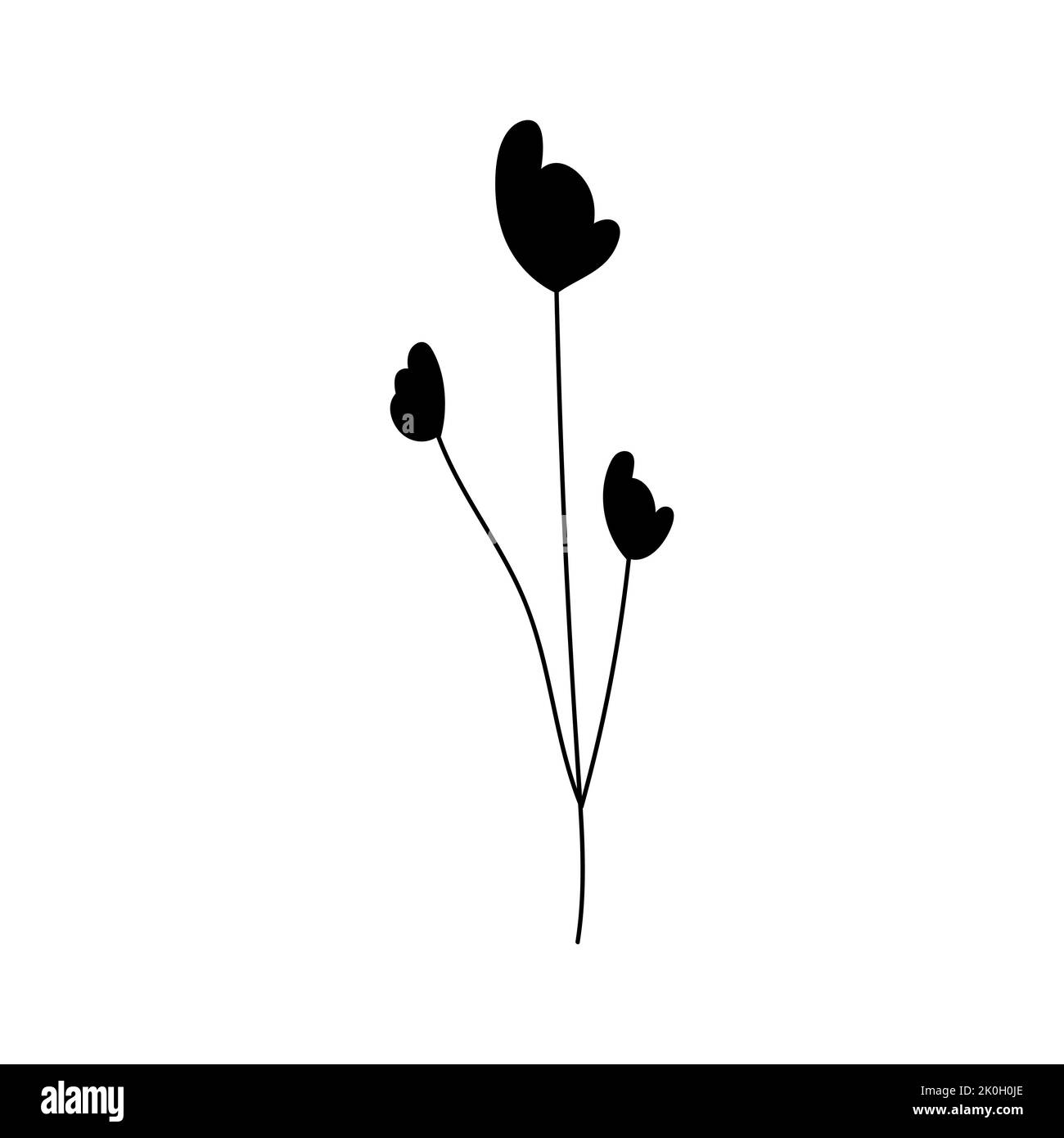 Illustration einer Blume, Silhouette eines Zweiges mit Blumen und Blättern. Vektorgrafik. Blumendruck Stock Vektor