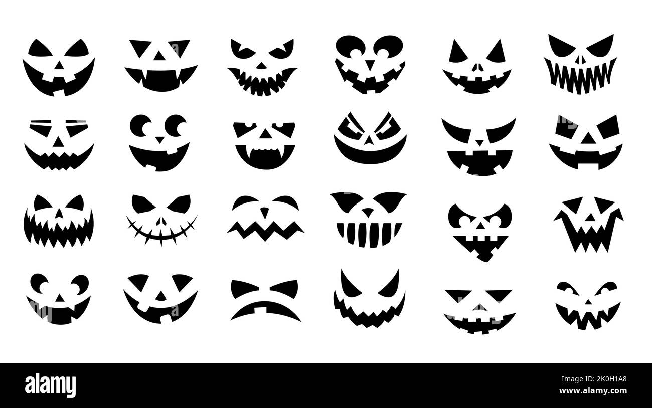 Beängstigende Gesichter. Halloween Kürbis Gesichter, gruselige Jack Laterne mit bösen Geist Ausdruck und böse Augen, Horror Monster Face Sammlung. Vektor isoliert Stock Vektor