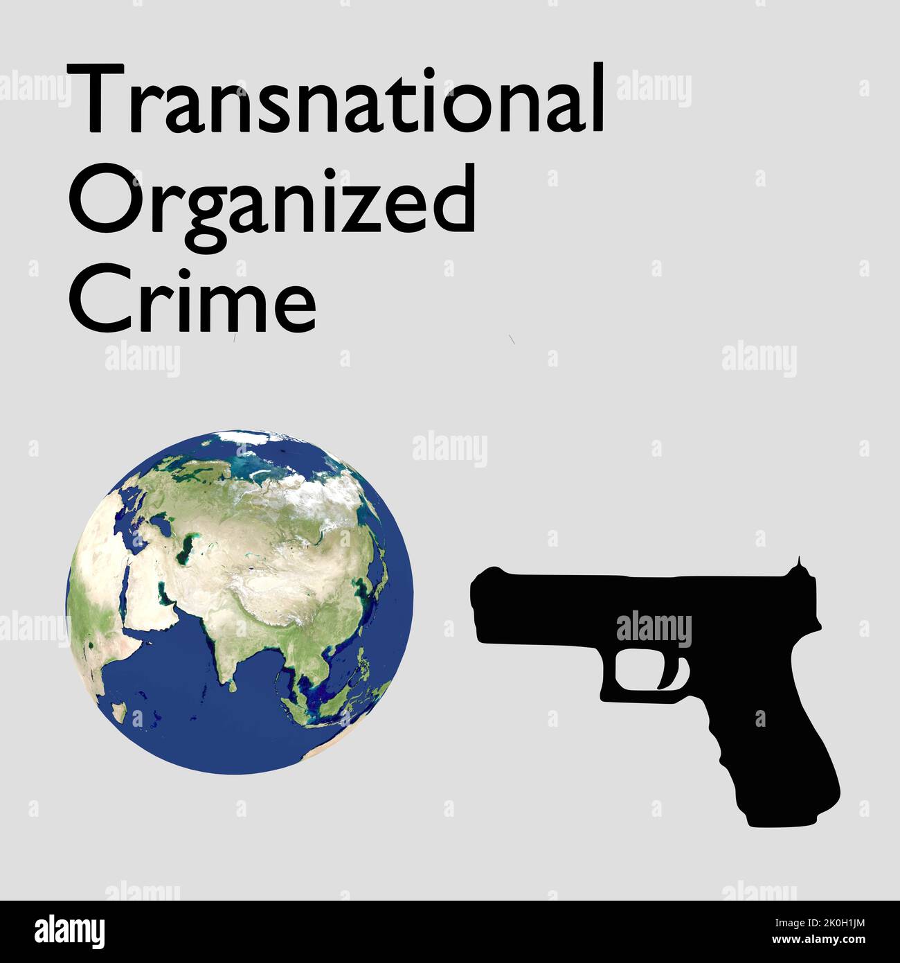 3D Illustration einer symbolischen Waffe, die auf die Erde zielt, zusammen mit dem Titel Transnational Organized Crime . Elemente dieses Bildes, die von der NASA eingerichtet wurden. Stockfoto