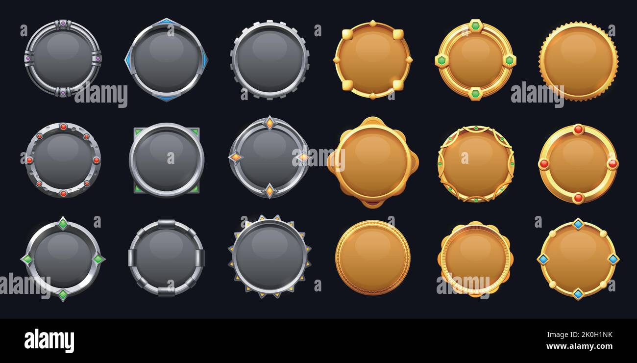 Spiel Runde Metall-Taste. Cartoon Stahl Spiel Asset Rahmen UI-Symbole, leer metallischen Kreis Medaille Bewertung Abzeichen mobile Web-App Benutzeroberfläche. Vektor Stock Vektor