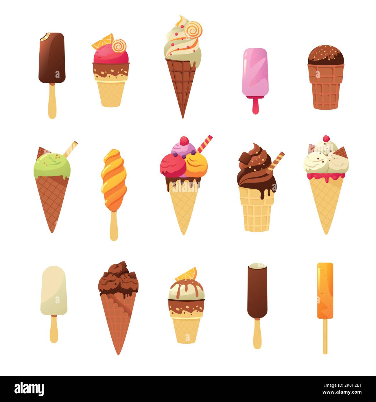 Buntes Eis-Dessert. Cartoon süße kalte Sommer Dessert in verschiedenen Formen und Farben in Waffelbecher und auf Holzstäbchen mit Belag bedeckt Stock Vektor