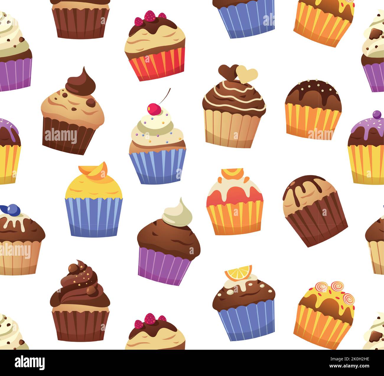 Cupcake-Muster. Nahtloser Druck von verschiedenen Muffins süße Gebäck mit Glasur Toppings Creme Streuseln dekoriert. Vector Bäckerei Desserts Textur Stock Vektor