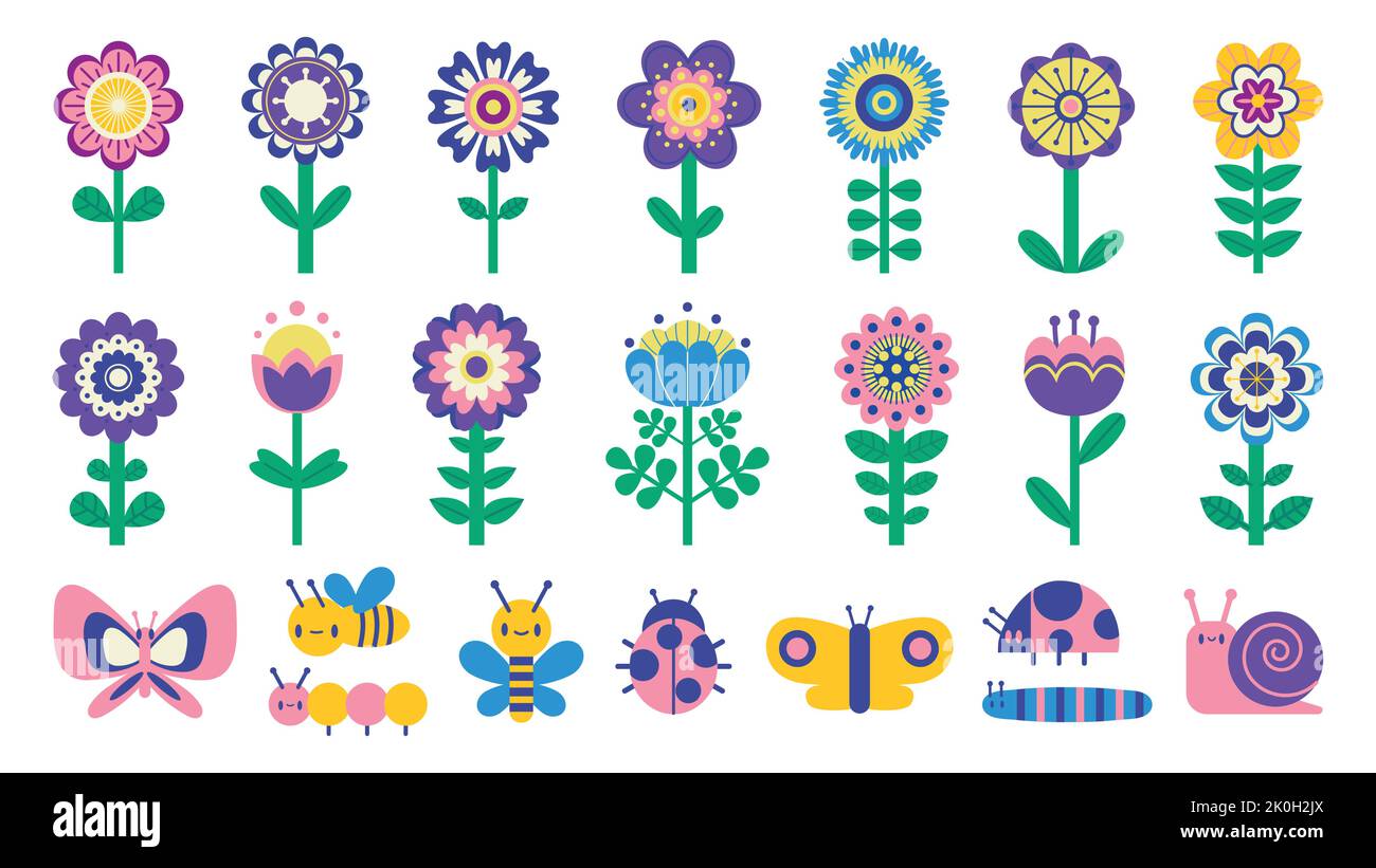 Kinder Blumen und Schmetterlinge. Niedliche Cartoon einfache Blumen und Bugs Kinder Illustration, Frühling und Sommer Garten Elemente Cliparts. Vektor isoliert Stock Vektor