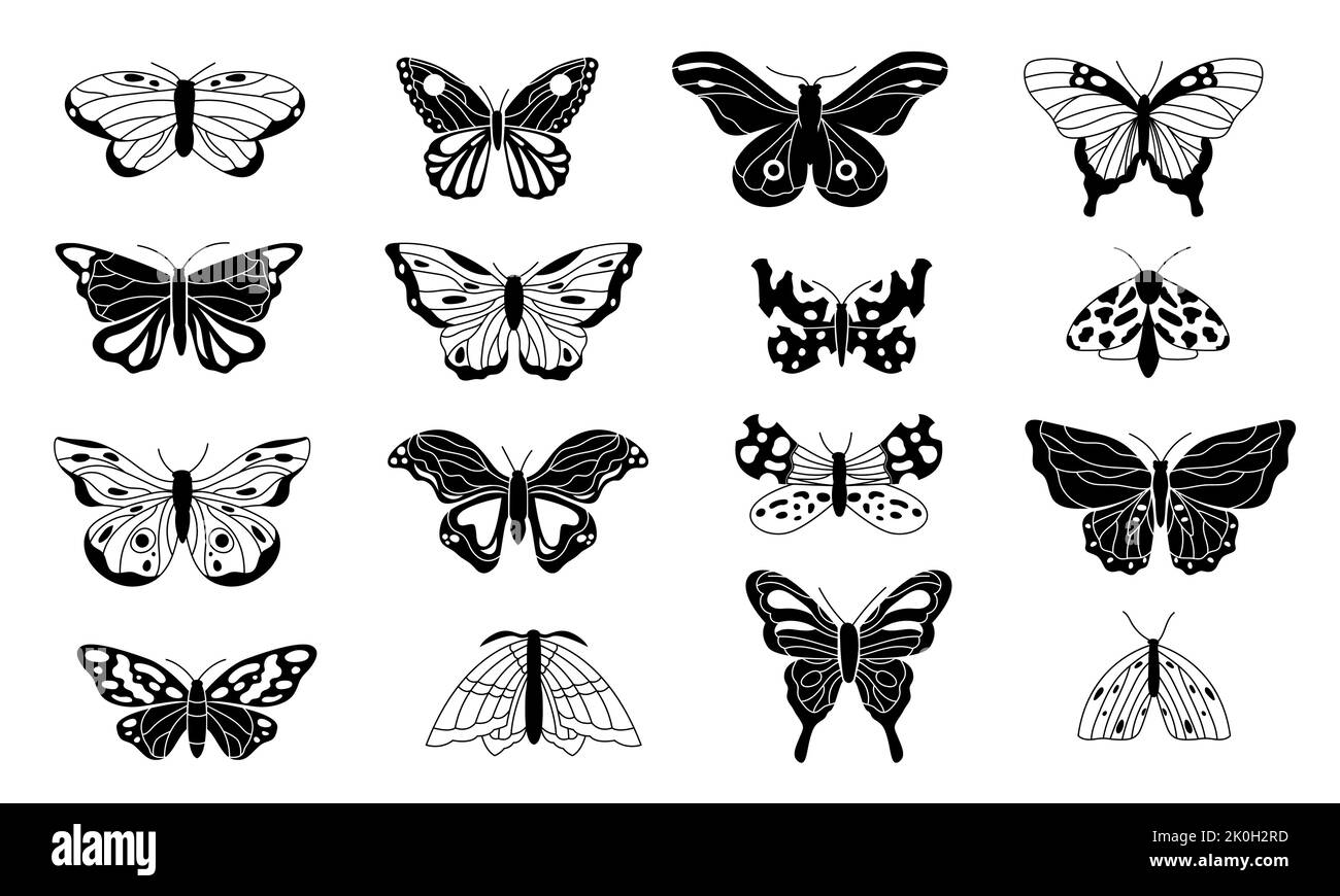 Schmetterlinge Silhouetten. Schwarze Skizzen von fliegenden geflügelten Insekten, monochrome Doodle Schmetterling Konturen für Tattoo, Gravur, Dekoration. Vektor Stock Vektor