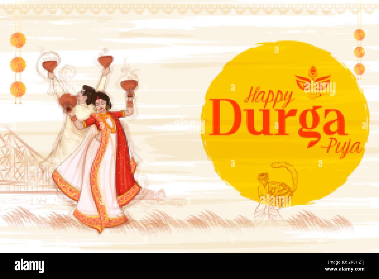 Illustration des Paares, das Dhunchi-Tanz in Happy Durga Puja Subh Navratri aufführt, indischer religiöser Header-Banner-Hintergrund Stock Vektor